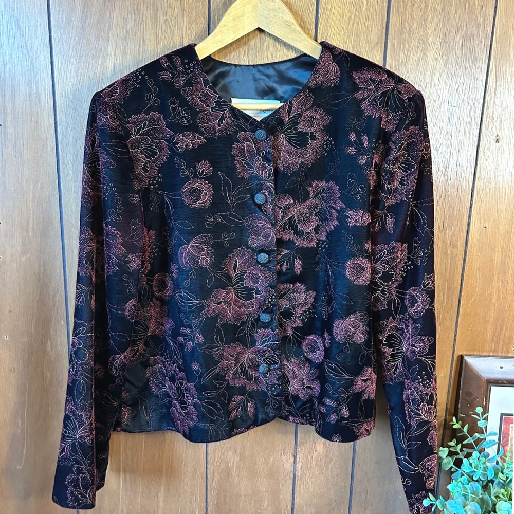 Vintage Floral Brocade Jacket Button Front Black Pink Sparkle Party Career
